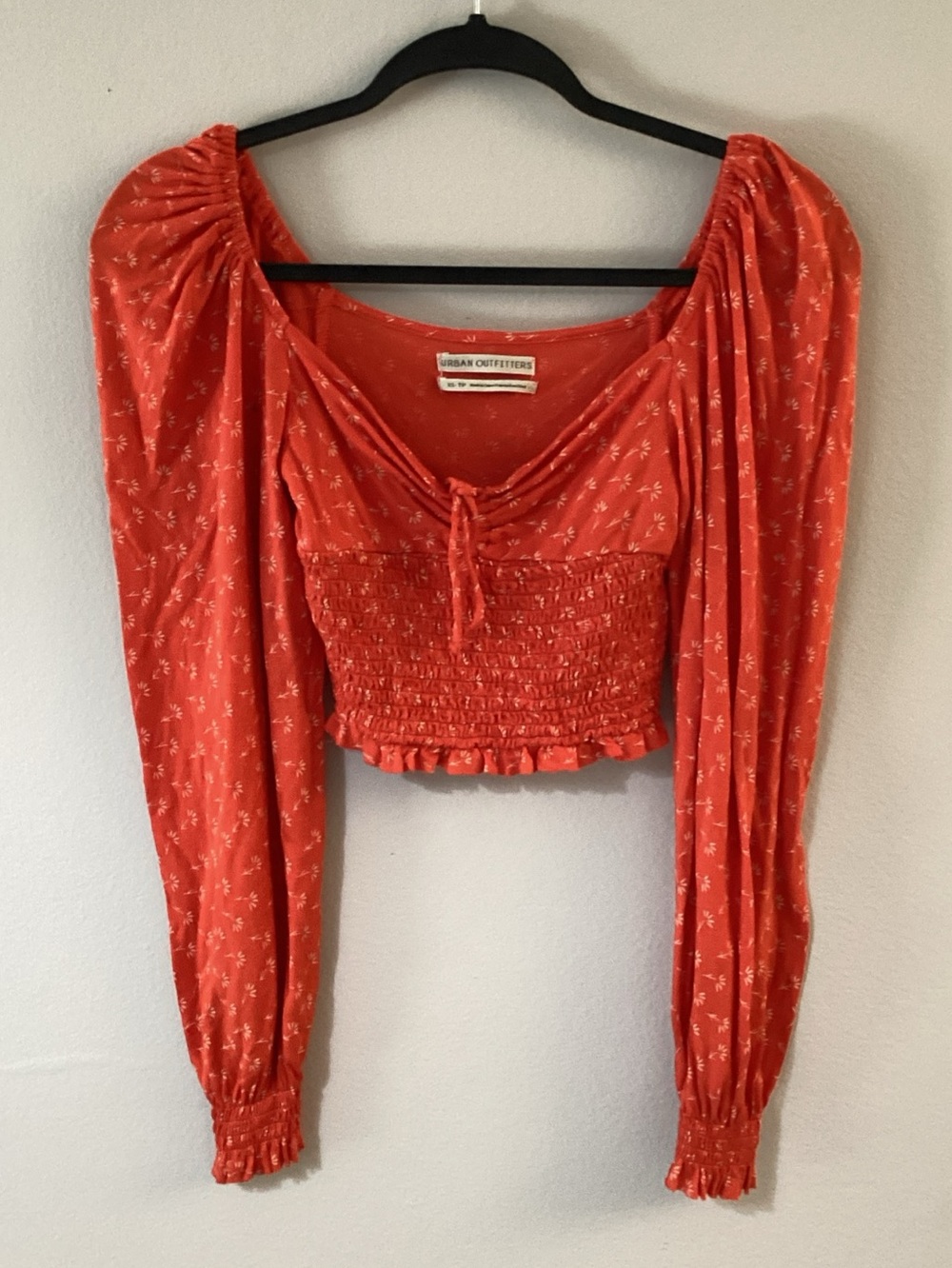 Urban Outfitters Coral Red Smocked Puff-Sleeve Crop Top